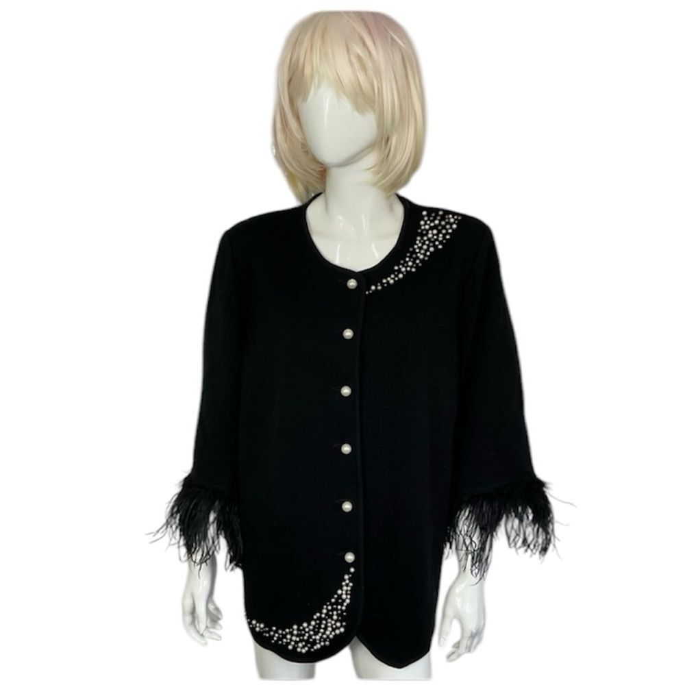 Stizzoli Vintage Black Wool Faux Pearl Button Feather Cuffs Cardigan Jacket XXL